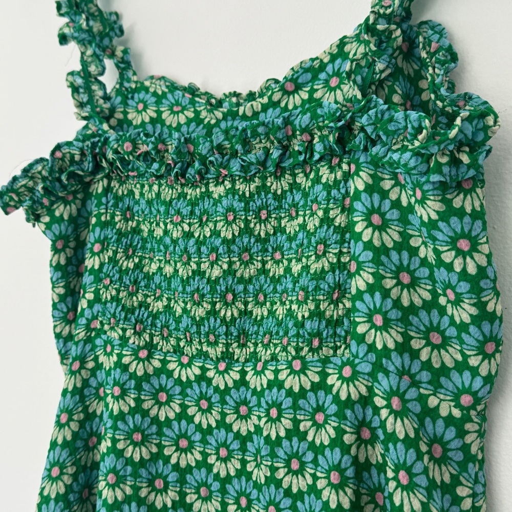 Zara Green Floral Daisy Ruffled Strap Summer Cottagecore Mini Dress S - Picture 3 of 9